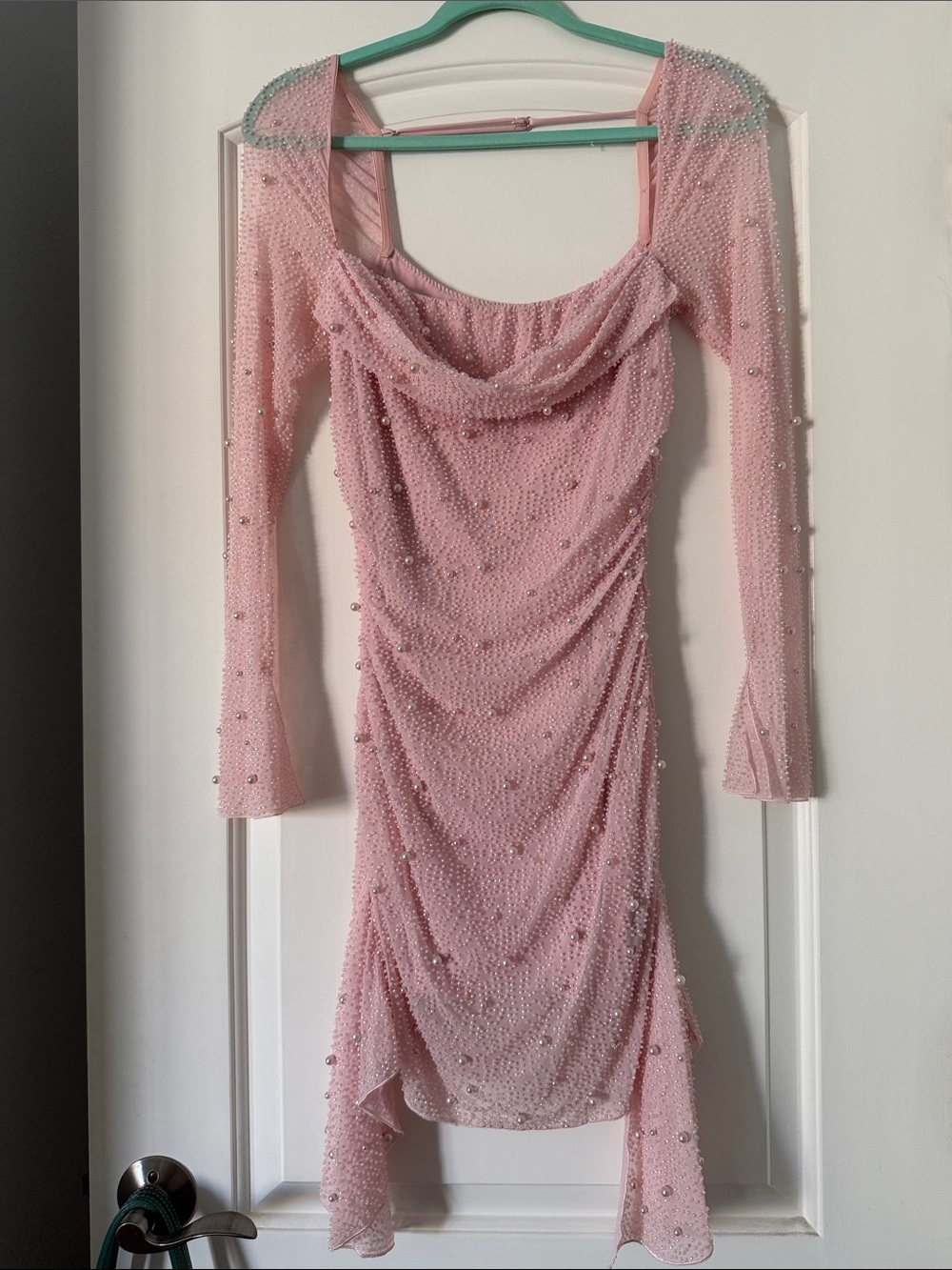 Oh Polly Women's Pink Beaded Draped Long-Sleeve Dress